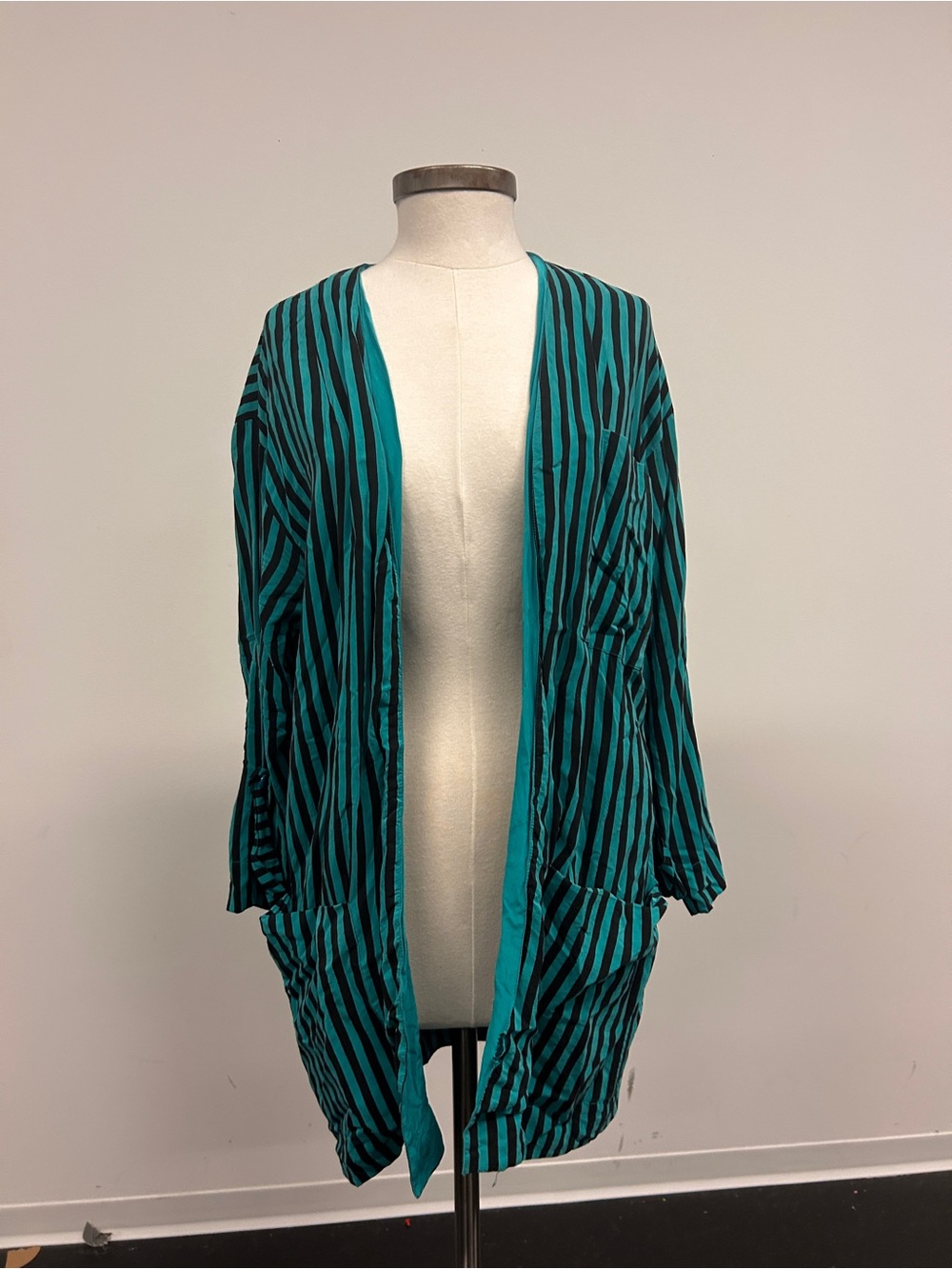 Teal and Black Striped Open-Front Women's Cardigan